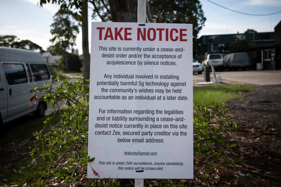 Anti-5G signage at a Telstra exchange facility in Byron Bay.