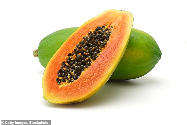 Amongst her top foods to improve skin, Karen also suggested smoothing wrinkles by making a papaya drink by whizzing up a papaya (above) with flax seed oil, water and ice cubes