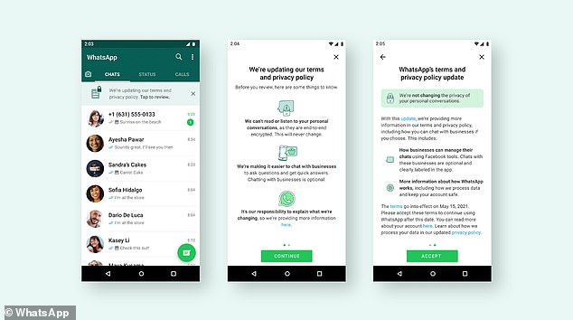 The banner, which appears on the WhatsApp landing page (shown left), reads 'We're updating our terms and privacy policy. Tap to review.' Tapping on 'review' will bring up a second page containing a deeper summary (middle). Users who click on 'more information here' at the bottom of this second screen (which you can see just above the green 'Continue' button) will be taken to a new landing page on the WhatsApp website with more information. Users can accept the terms on the last page (right) by tapping 'Accept'