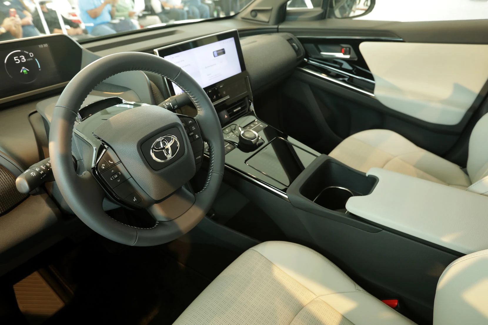 The interior of the new Toyota BZ4X concept vehicle is shown at Wednesday's event.
