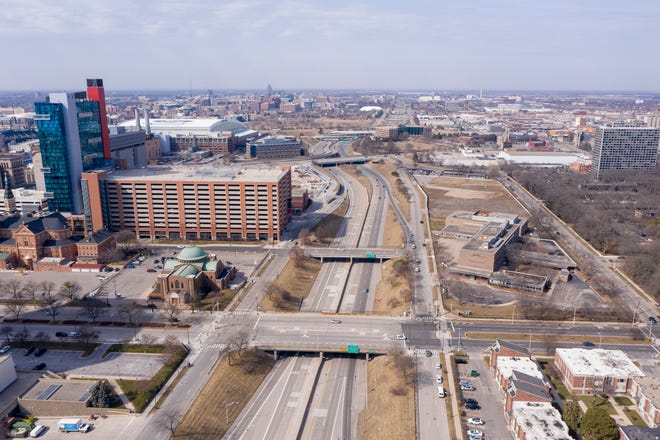 An aerial photo of Interstate-375 and what used to be the Black Bottom neighborhood of Detroit on Monday, March 8, 2021.