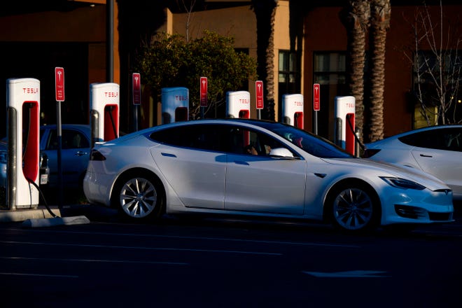 Tesla Inc. electric vehicle at a supercharger station on January 4, 2021 in Redondo Beach, California.