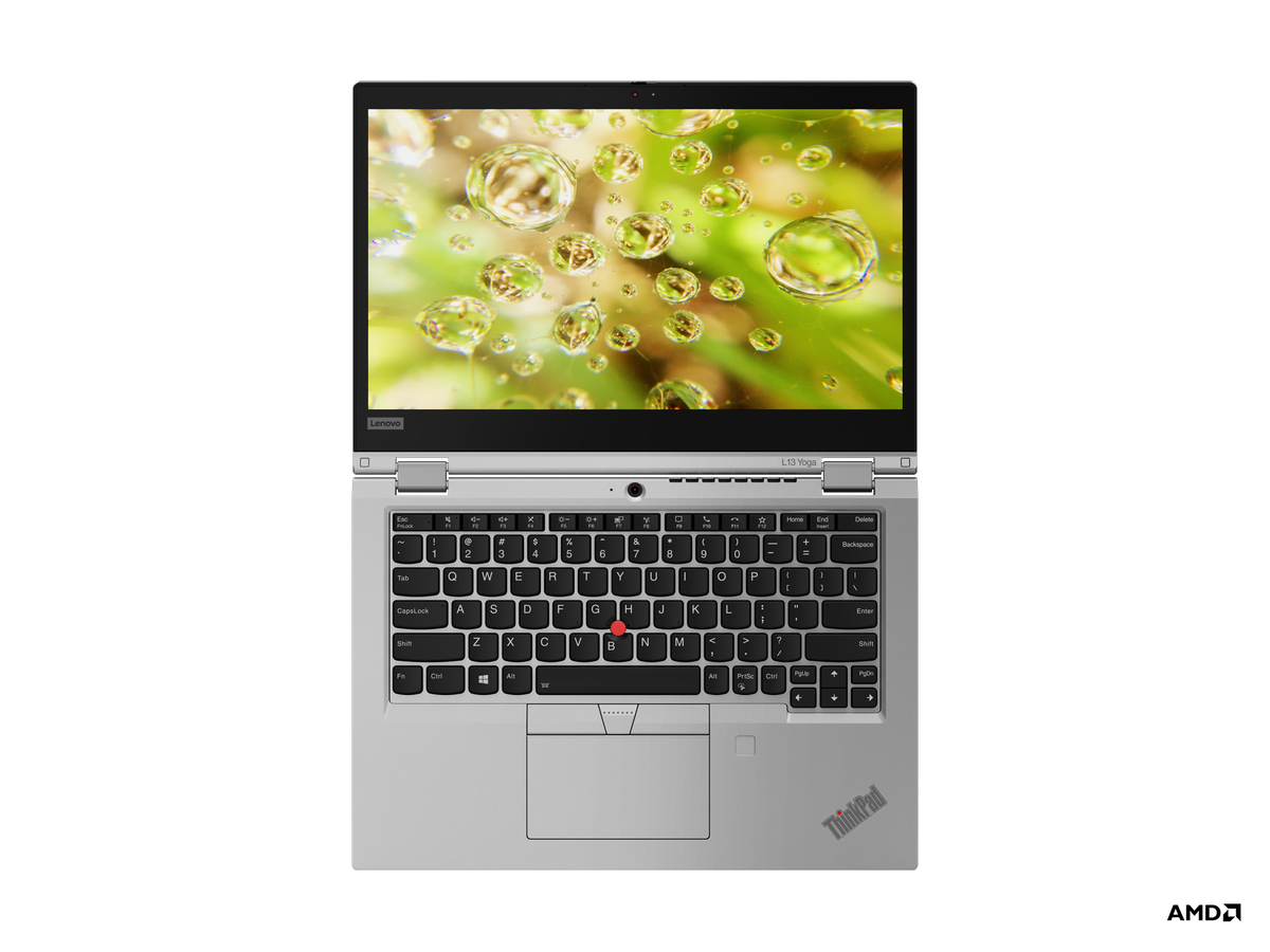 The ThinkPad L13 Yoga laid flat on a white background. The screen displays a grid of water droplets over a green background.