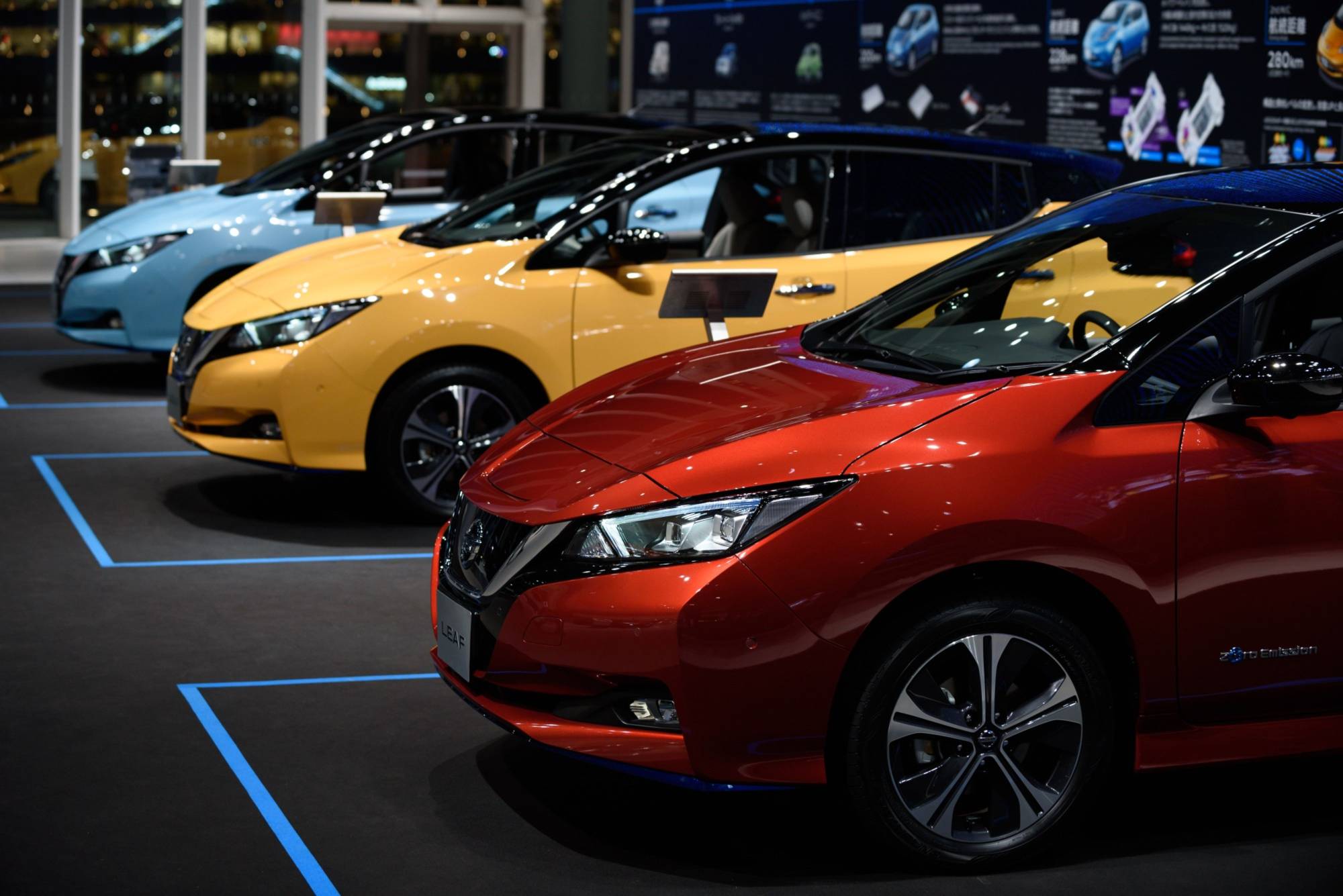 Nissan Leaf electric vehicles. The model, first introduced in 2010, is the only passenger EV in production that offers what is known as vehicle-to-grid capability. | BLOOMBERG 