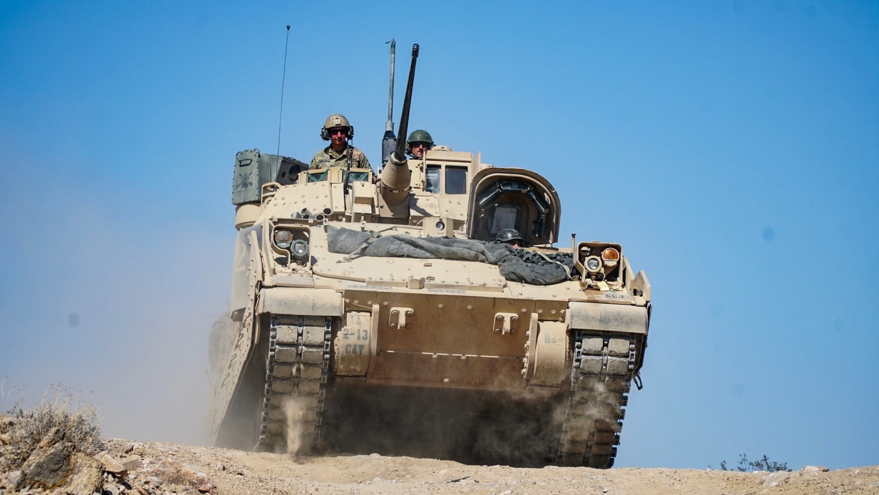 Soldiers assigned to 3rd Armored Brigade Combat Team, 1st Armored Division maneuver a Bradley Fighting Vehicle during training operations at the National Training Center in Fort Irwin, Calif., in 2018. (1st Lt. Sean Kealey/U.S. Army)