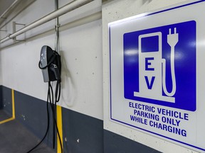 An electric vehicle charging station at the City of Calgary Civic Plaza Parkade.