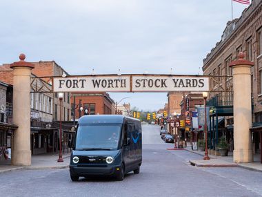 Designed and built in partnership with Rivian, Amazon s first custom electric delivery vehicle was unveiled last fall. Here it is at the Fort Worth Stockyards.