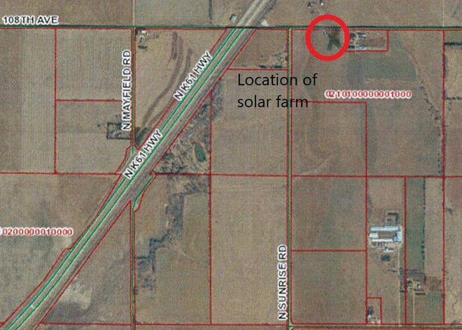 This map shows the planned location in northern Reno County of a 1.4-megawatt solar collector array built by Today's Power Inc., which will sell the power to Ark Valley Electric Cooperative. It's one of two farms planned, but the other, in western Reno County, does not require a permit.