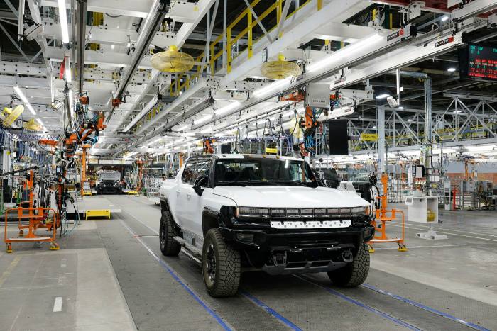 A GMC Hummer EV truck rolls off the production line in Detroit, Michigan
