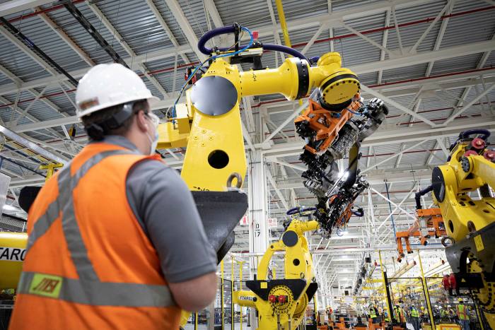 F-150 Lightning pick-ups being assembled at Ford’s Rouge EV plant in Dearborn