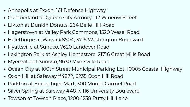 Grant recipients for the first round of fast-charging stations. (governor.maryland.gov)