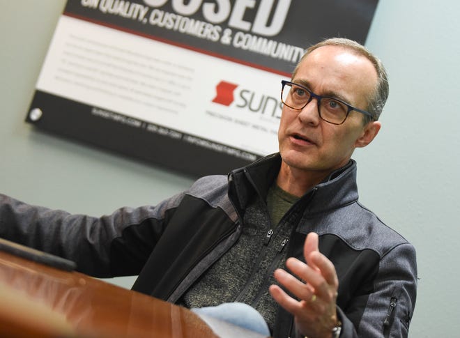 Sean Skahen, CFO of Opus Motorcar Company, speaks during an interview Wednesday, Oct. 13, 2021, in St. Joseph.