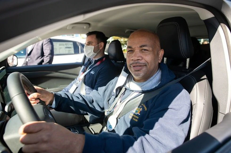 AT THE HELM: New York State Assembly Speaker Carl E. Heastie driving an electric vehicle at...