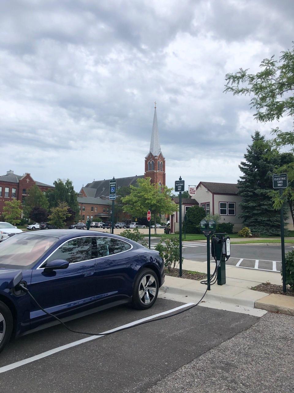 Patrick Anderson, CEO of Anderson Consulting, drove from his home in East Lansing to Petoskey in his EV. Here he charges his car for an entire day in July 2020 at a public charger in Petoskey.