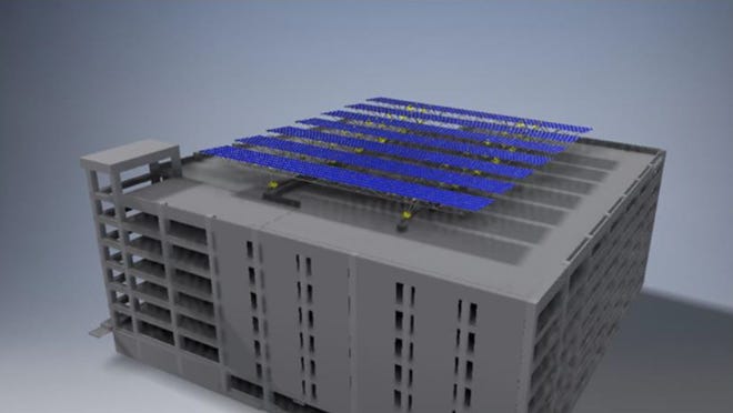 A rendering of the Buncombe County Public Health Building with solar panels planned for its roof.