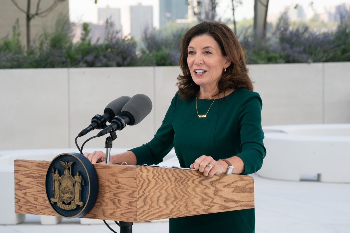 Gov. Kathy Hochul speaks at a Climate Week event on the roof of the Javits Center, Sept. 21, 2021