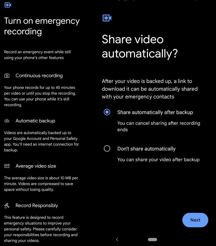 Pixel Emergency SOS settings screens