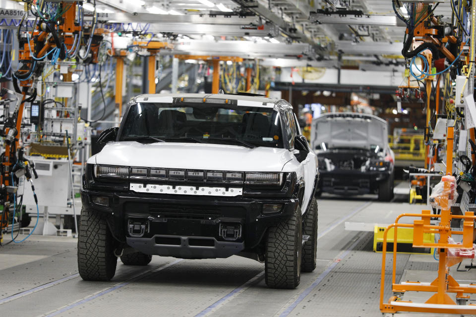 DETROIT, MI - AUGUST 05: A GMC Hummer EV truck is shown at General Motors Factory Zero on August 5, 2021 in Detroit, Michigan. Secretary Granholm is touring several manufacturing facilities in southeast Michigan today to help promote the Biden administrations infrastructure proposal. (Photo by Bill Pugliano/Getty Images)