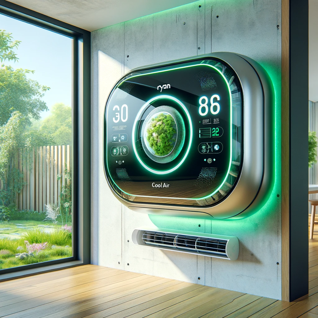 "Modern and eco-friendly Ryan Cool Air conditioning unit mounted on a wall inside a contemporary home, with a view of a lush garden outside."