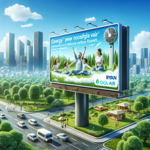 "Billboard advertisement for Ryan Cool Air in a city park, showing a family enjoying clean air, with a clear blue sky and green surroundings."