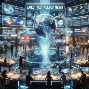 depicting a futuristic newsroom bustling with activity, focused on the latest technology news.