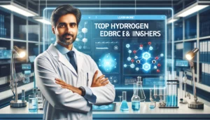 A South Asian male scientist in a lab coat, pointing at a hydrogen energy display in a modern lab.